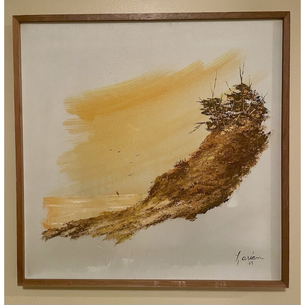 Vtg. 1974 Hevont Larian Oil Painting Signed MCM Beach Coastal Landscape Framed